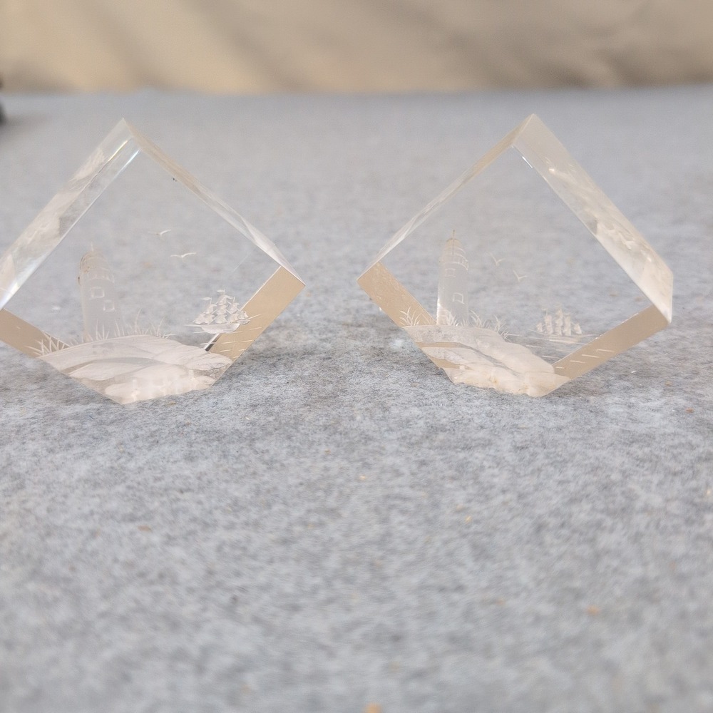 Vtg Intaglio Etched Nautical Lighthouse Ship Clear Cube Paperweights Set of 2 - Picture 1 of 5